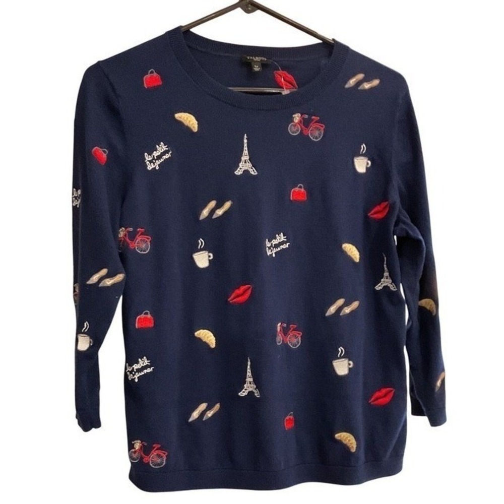 Talbots Petites Navy Blue Paris Eiffel Tower Embroidered Sweater LP Large Petite